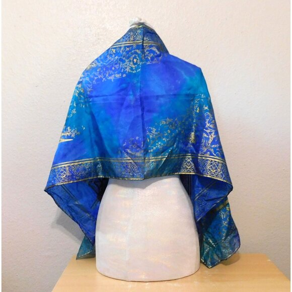 Silk Wrap Made In Bursa 16" X 53" Rectangular Scarf Blue Gold Pattern Design - Picture 3 of 7